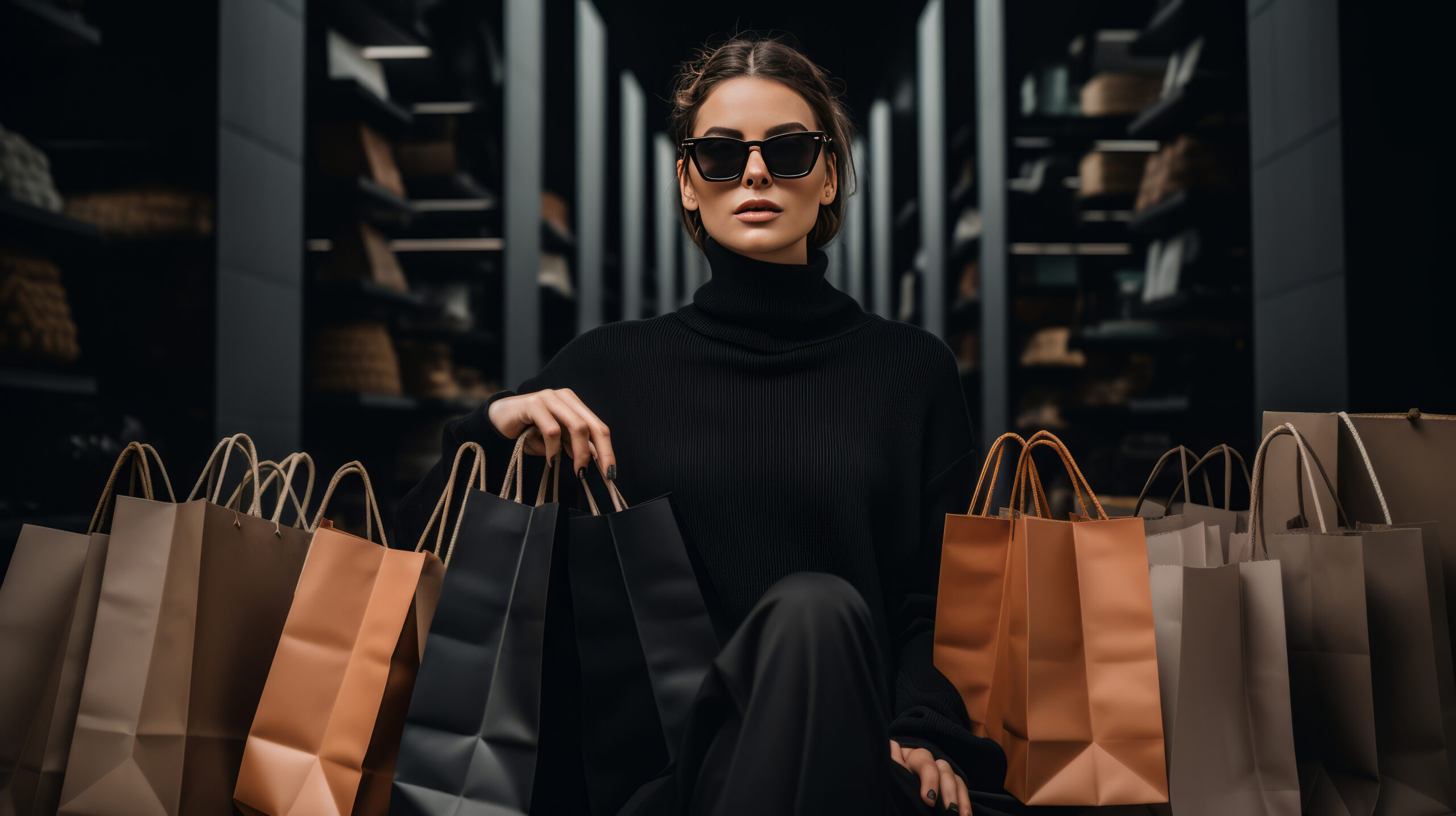 Stylish confident brunette woman sitting and relaxing after active shopping on sofa in mall, next to shopping bags, behind trail of bags