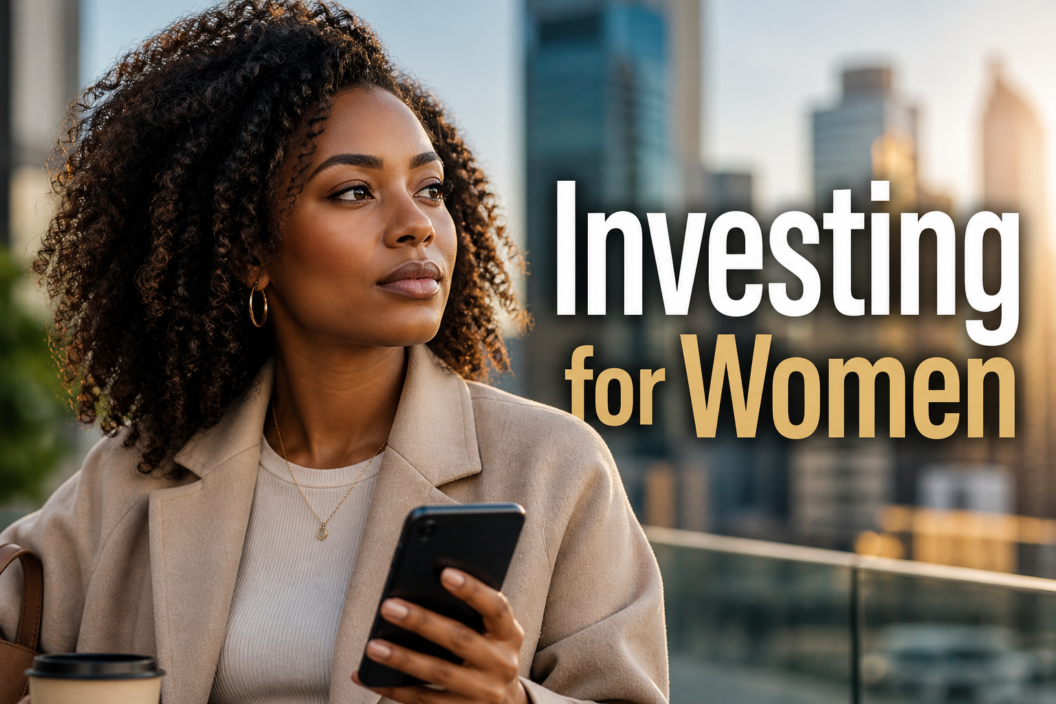 Confident Afro-American woman holding a phone on an urban terrace, representing investing, wealth building, and financial freedom.