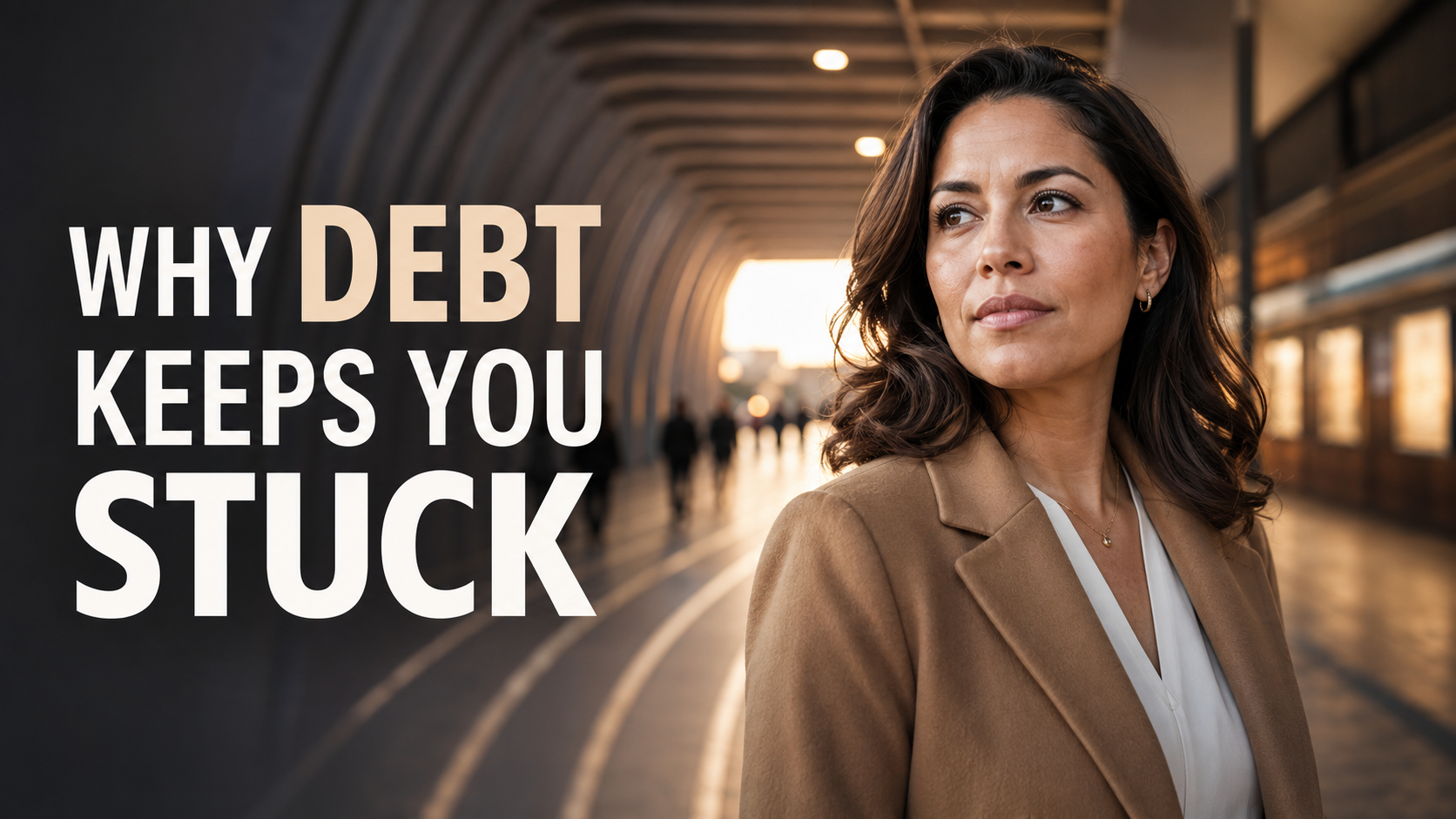 Thoughtful American woman in a modern transit corridor, representing the psychological cycle that keeps people trapped in credit card debt.