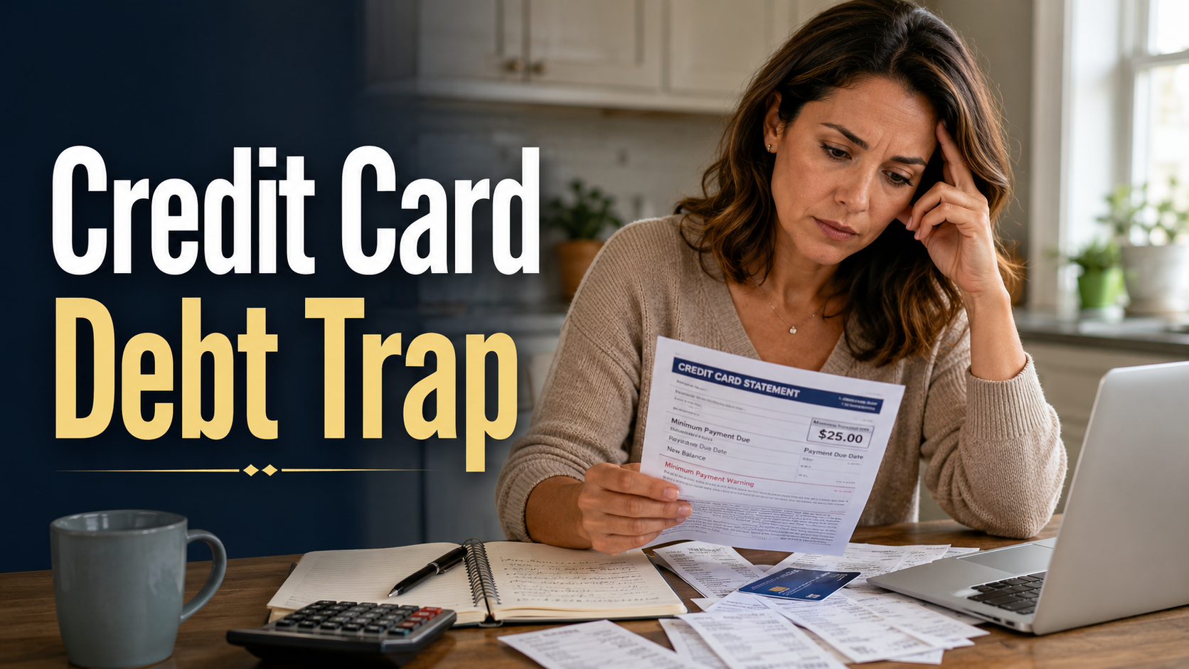 American woman reviewing a credit card bill at home, reflecting on debt trap psychology, minimum payments, and financial stress.
