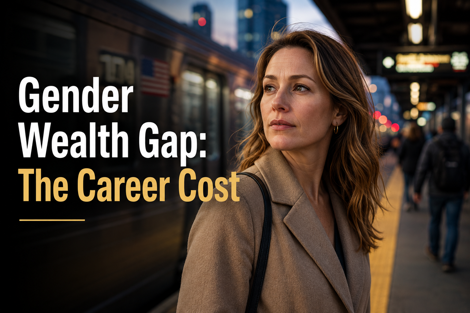 White American woman on a train platform, looking thoughtful about how the 2008 crisis affected careers and the gender wealth gap.