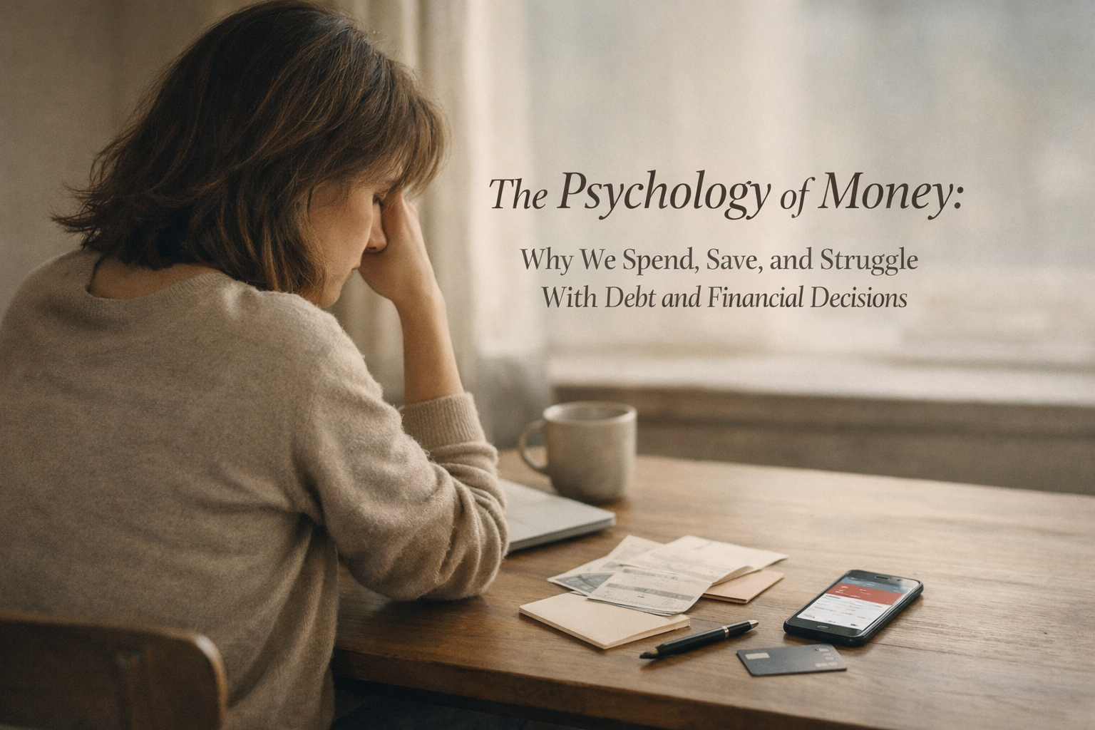 Woman checking bills and a banking app in soft window light, reflecting on stress, spending habits, debt, and everyday financial decisions.