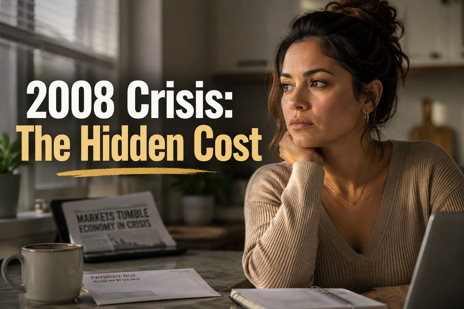 Woman reflecting on how the 2008 financial crisis increased credit card debt and inequality in America