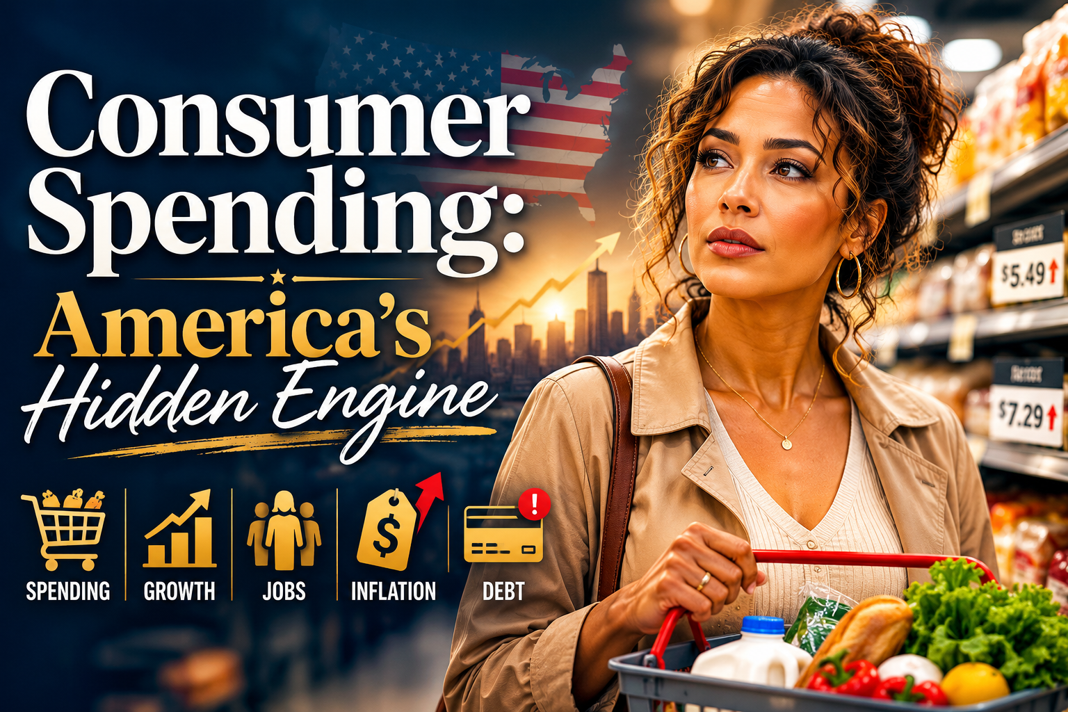 Mixed-race American woman in a grocery aisle, looking thoughtful about consumer spending and the U.S. economy.