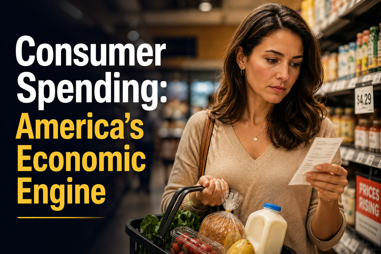 American woman in a grocery aisle, looking thoughtful while reviewing prices, reflecting consumer spending and economic pressure.