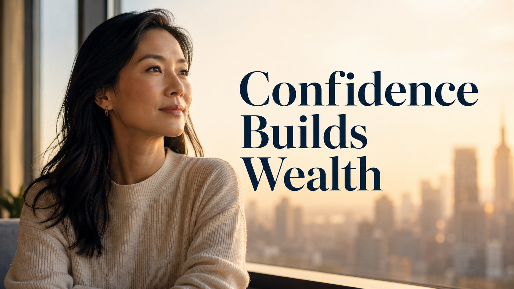 Elegant American woman by a city window at golden hour, reflecting on confidence, retirement wealth, and long-term financial security.