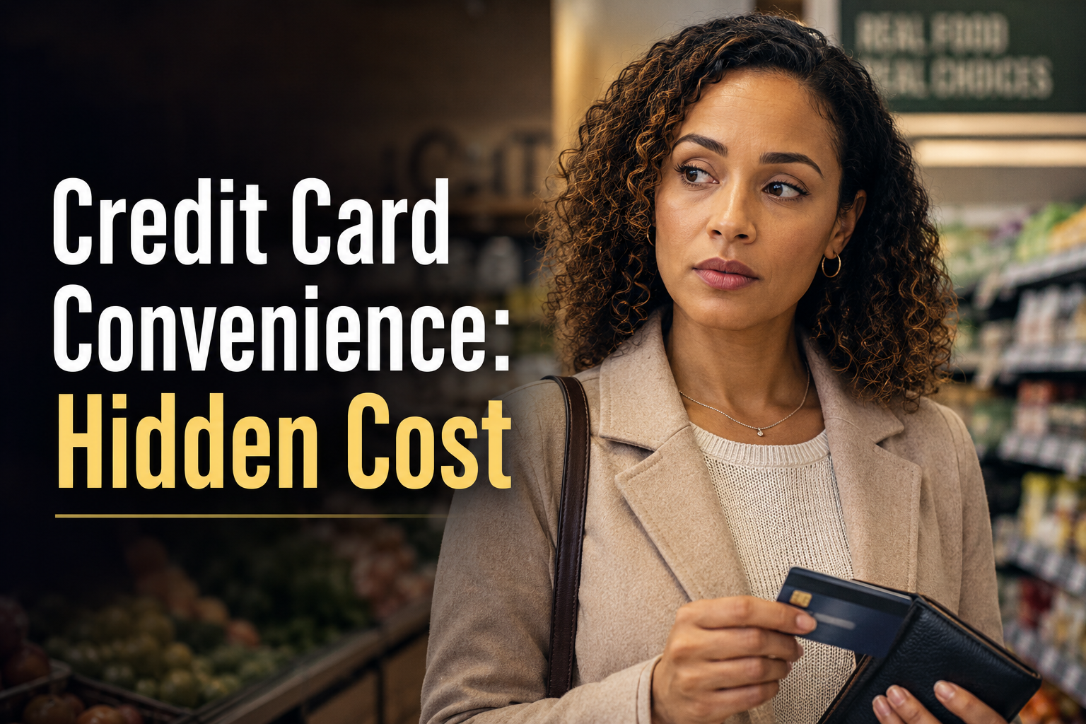 Mixed-race American woman in a grocery aisle, looking quietly concerned about the hidden cost of credit card convenience.