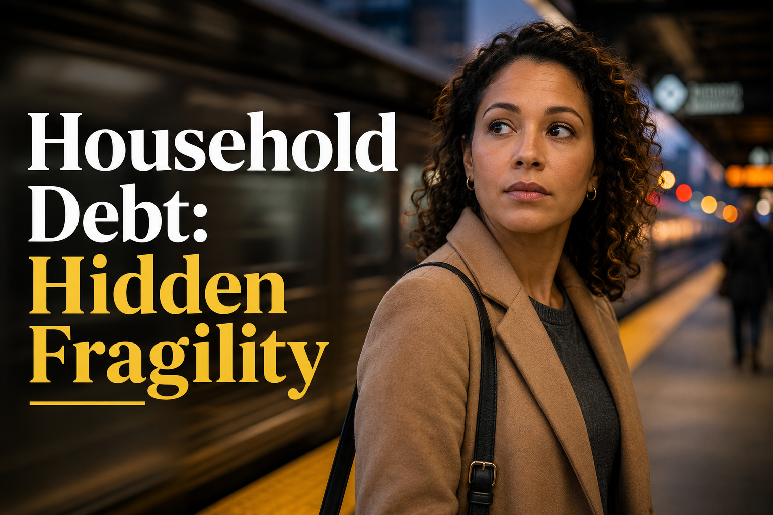 Mixed-race American woman on a subway platform, looking thoughtful as household debt and economic stability feel uncertain.