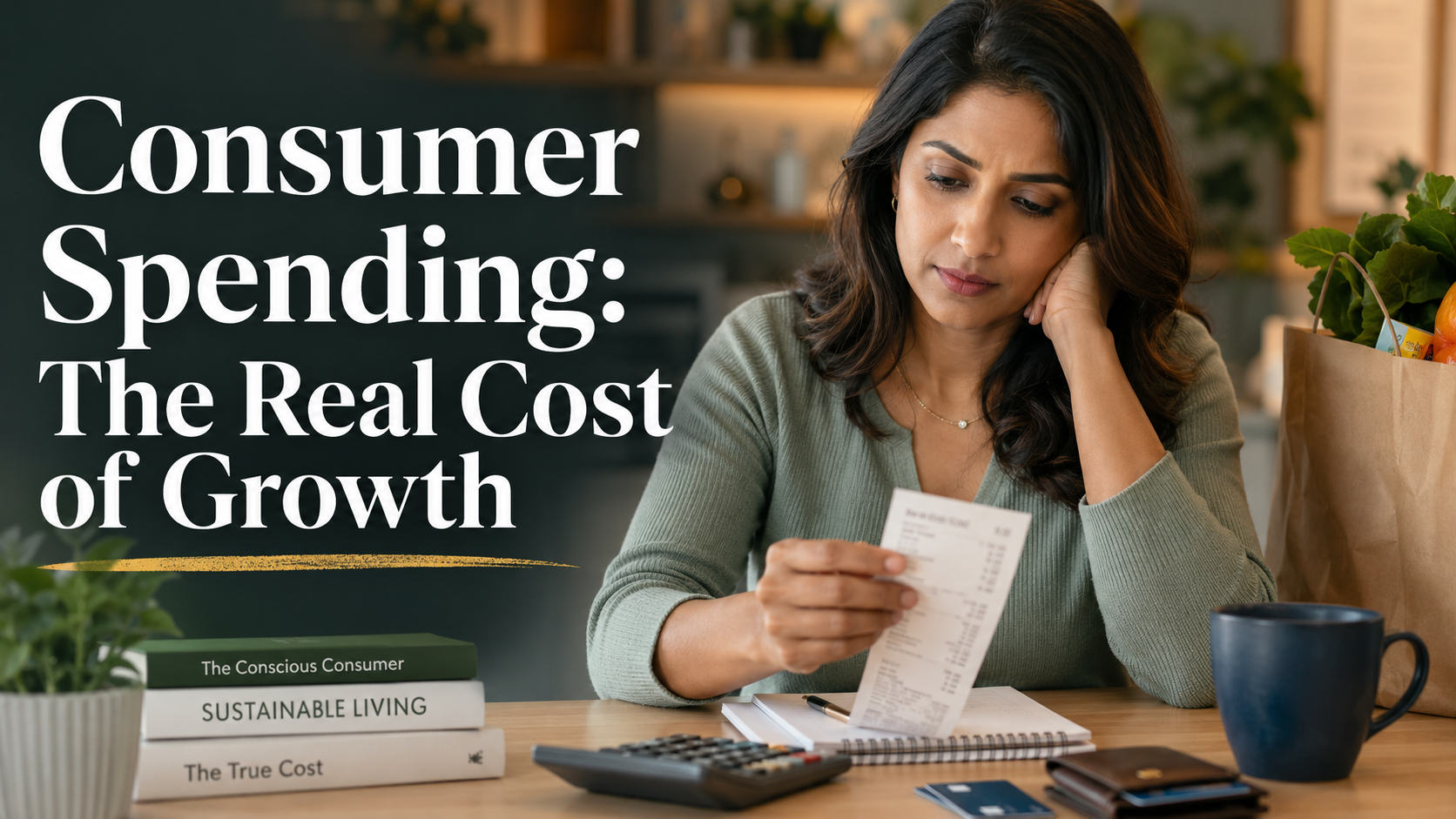South Asian woman reviewing everyday expenses at a kitchen table, reflecting on consumer spending and household financial pressure.