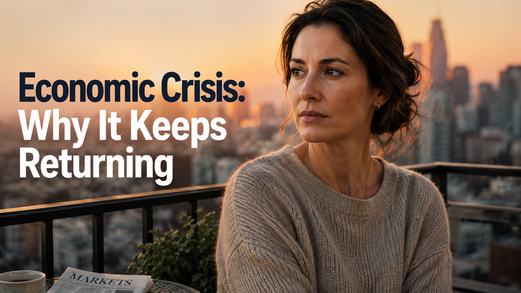 American woman on a city balcony at sunrise, looking thoughtful about recurring economic crisis patterns and financial resilience.