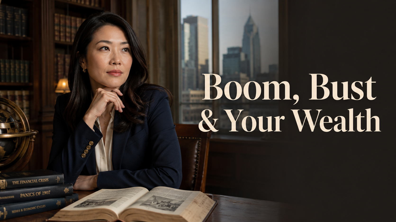 Elegant American woman reflecting on global financial crises, boom-and-bust cycles, debt pressure, and long-term wealth protection.