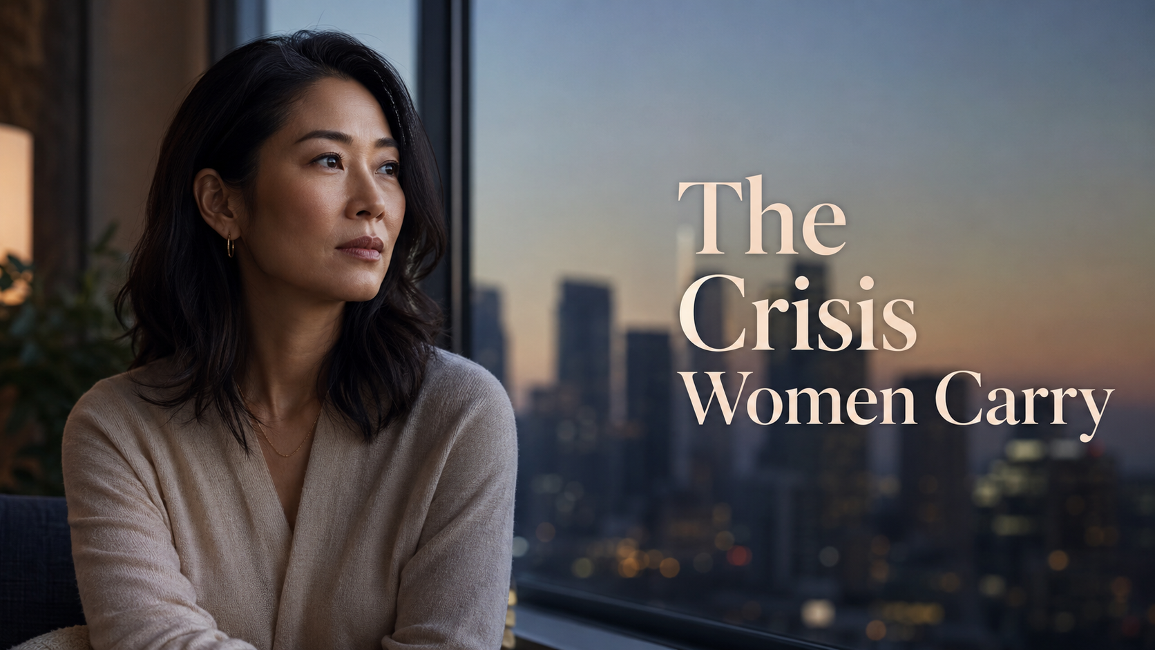 Elegant American woman reflecting on the emotional toll of financial crises, financial stress, confidence, and women’s long-term resilience.