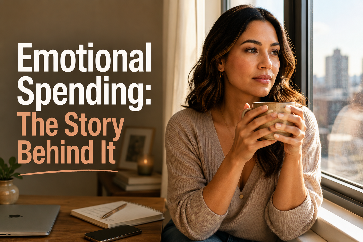 Latina-American woman by a sunny apartment window, reflecting on emotional spending and money stories.