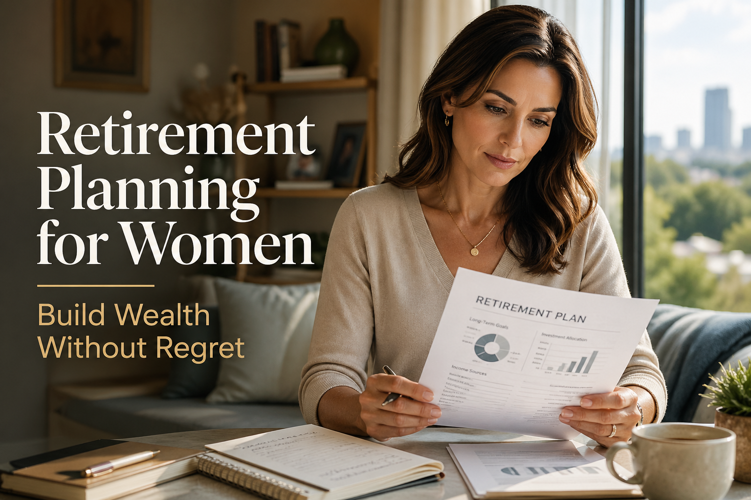 Woman reviewing retirement plans, representing long-term wealth, confidence, and financial independence for women