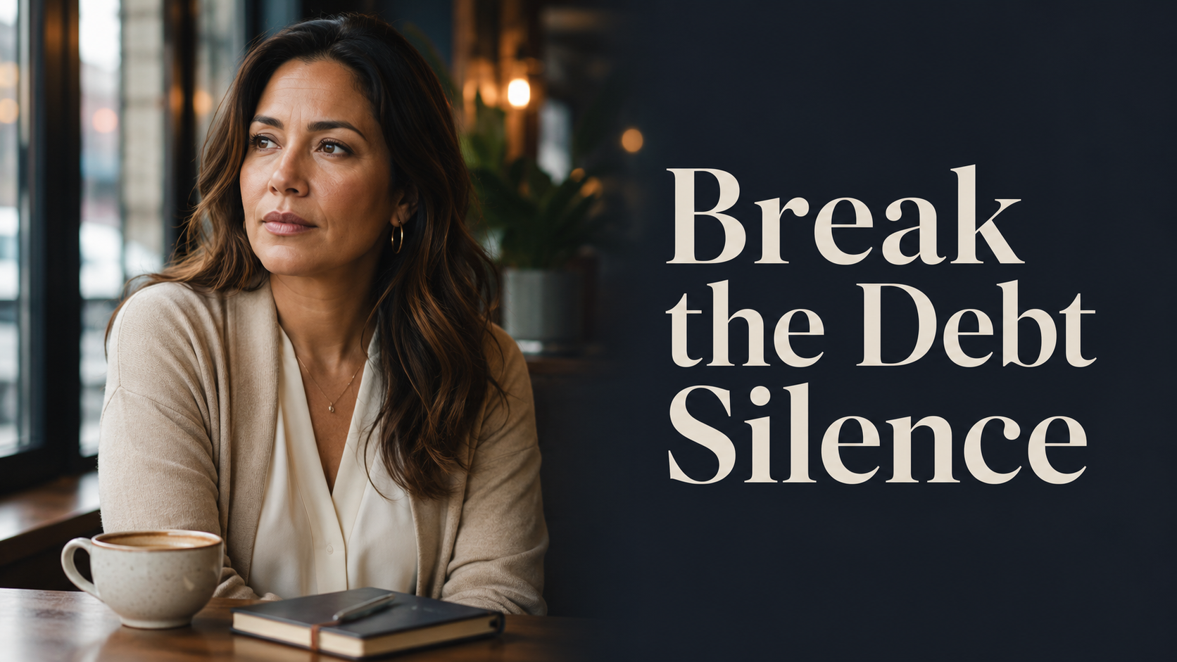 Elegant American woman reflecting on credit card debt, financial silence, debt shame, and the courage to seek support.