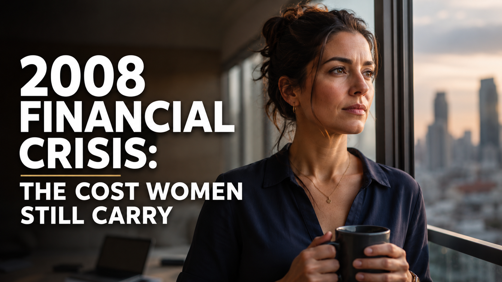 American woman near a city window, looking thoughtful about the long-term effects of the 2008 financial crisis.