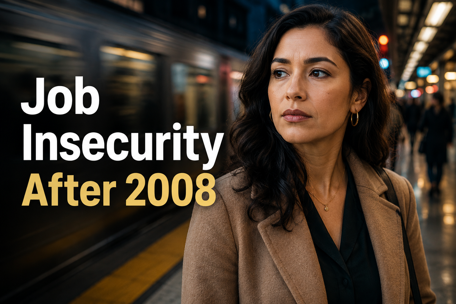 American woman on a subway platform, looking quietly tense, reflecting job insecurity after the 2008 crisis.