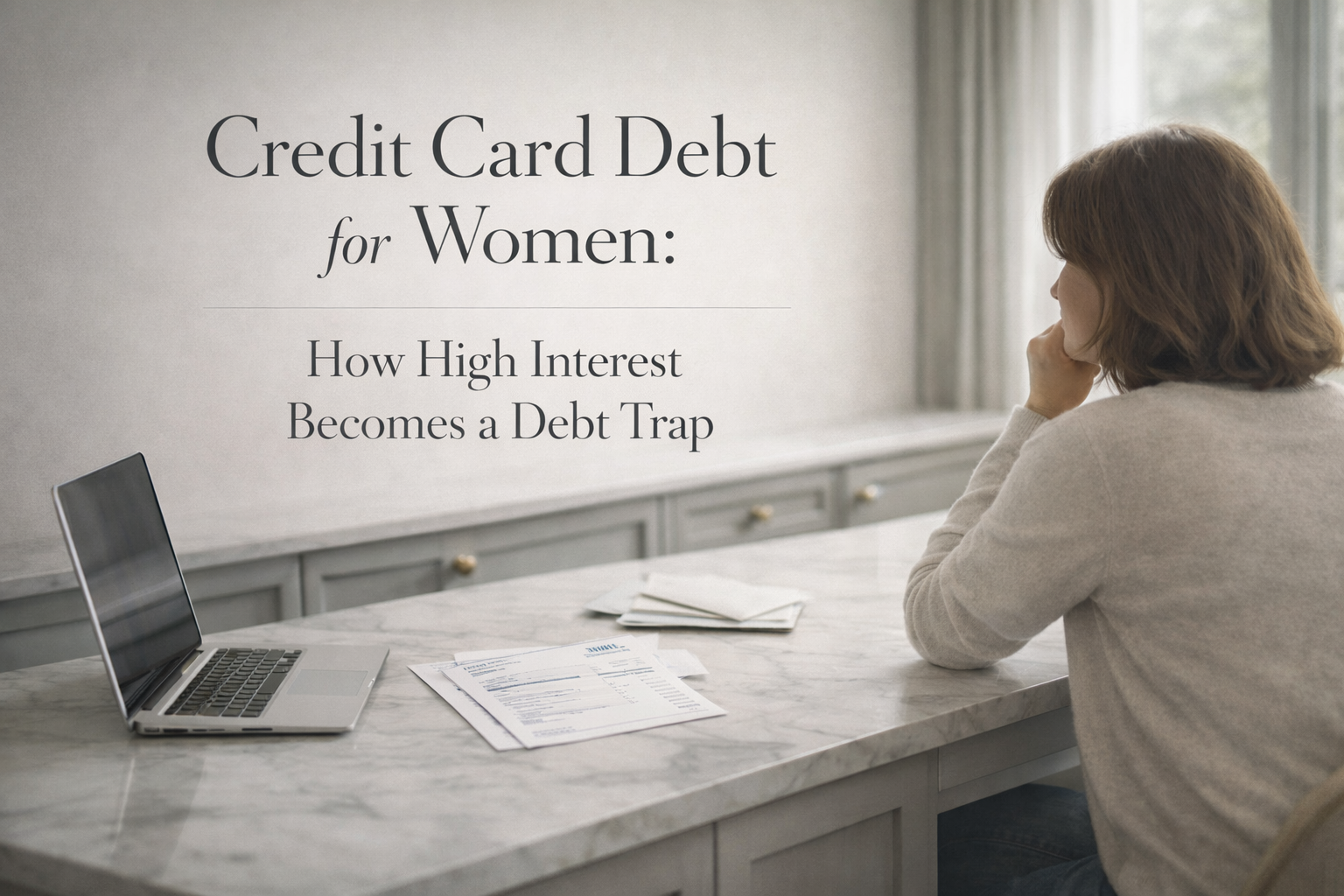 Woman seated at a quiet table with a laptop and bill, reflecting on credit card debt in a softly lit home setting.
