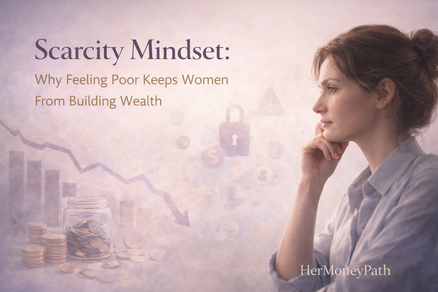 Woman in deep reflection beside coins, a savings jar, and a downward financial chart, representing scarcity mindset and the emotional barriers to building wealth