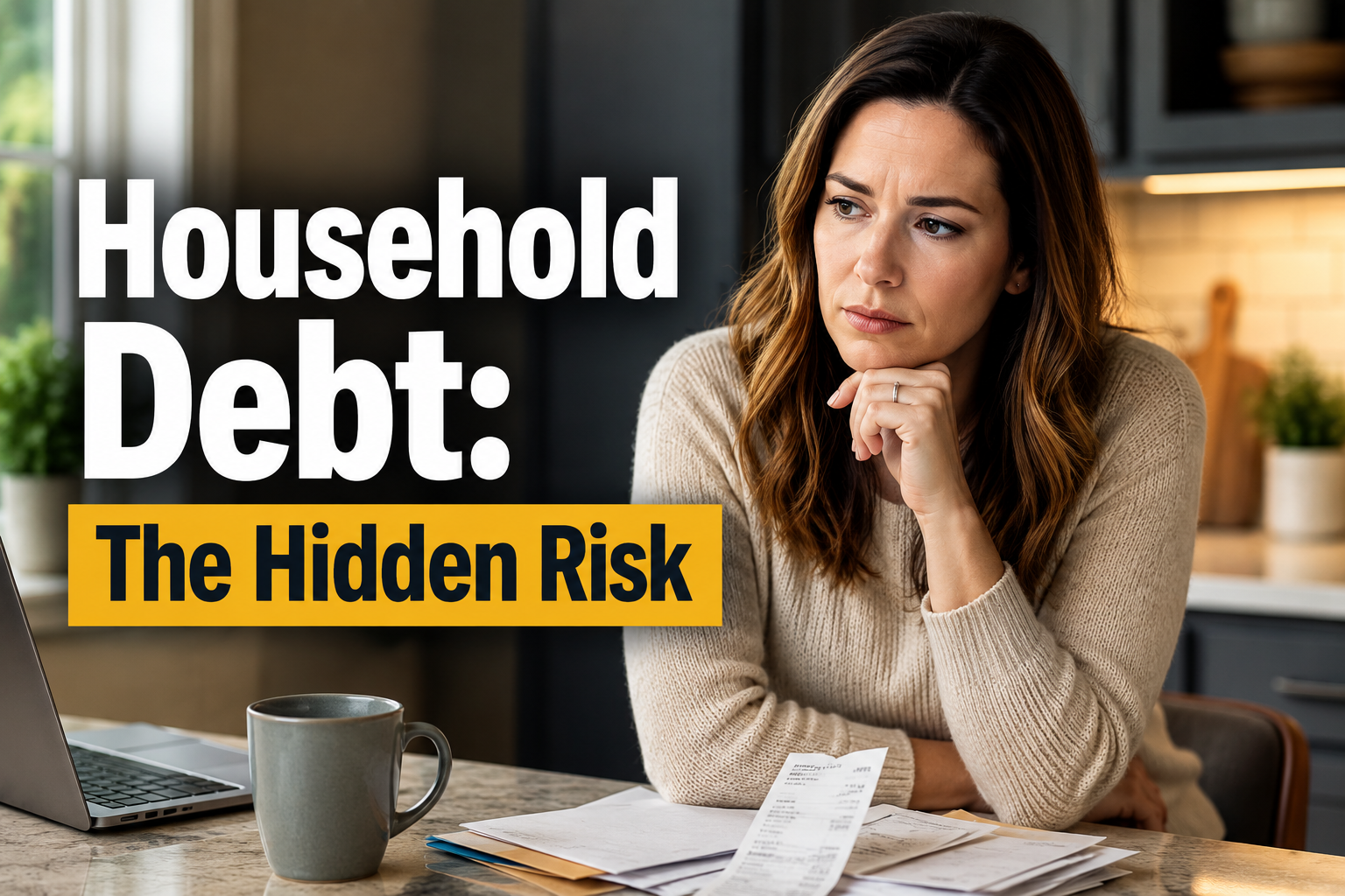 American woman in a quiet kitchen, looking concerned beside household bills, reflecting household debt and economic pressure.