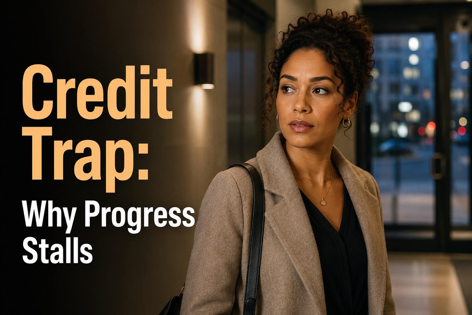 Mixed-race American woman in a quiet apartment hallway, looking thoughtful about modern credit debt traps and financial stagnation.