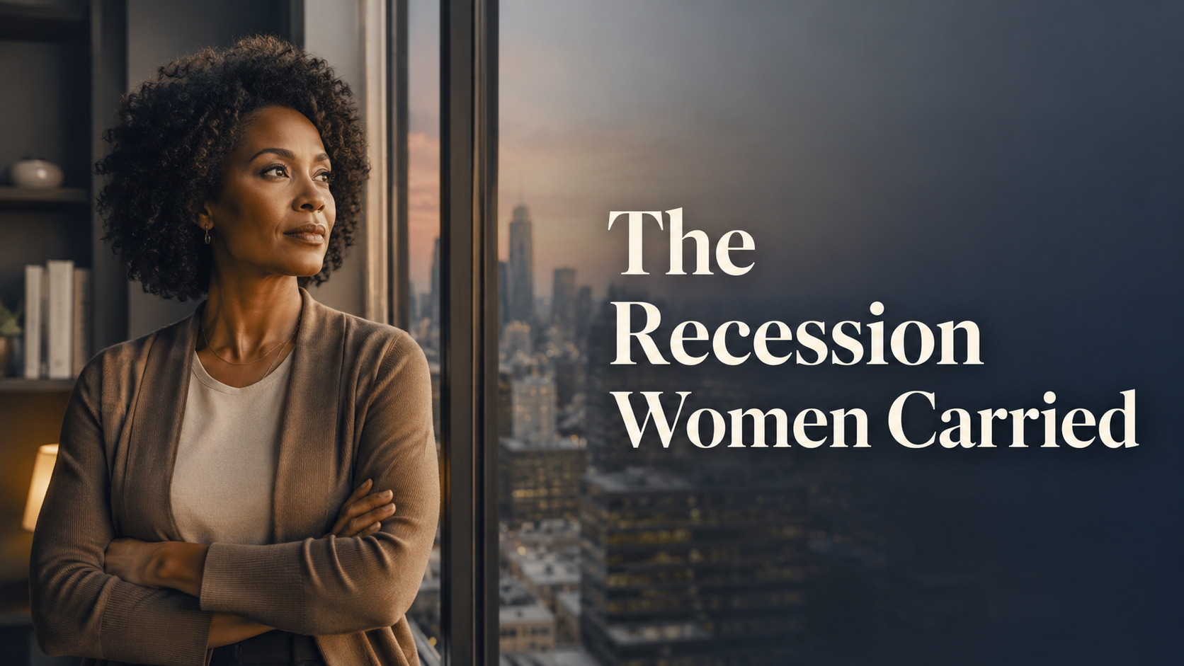 Elegant American woman near a city window, reflecting on the Great Recession, layoffs, care burdens, and economic resilience.