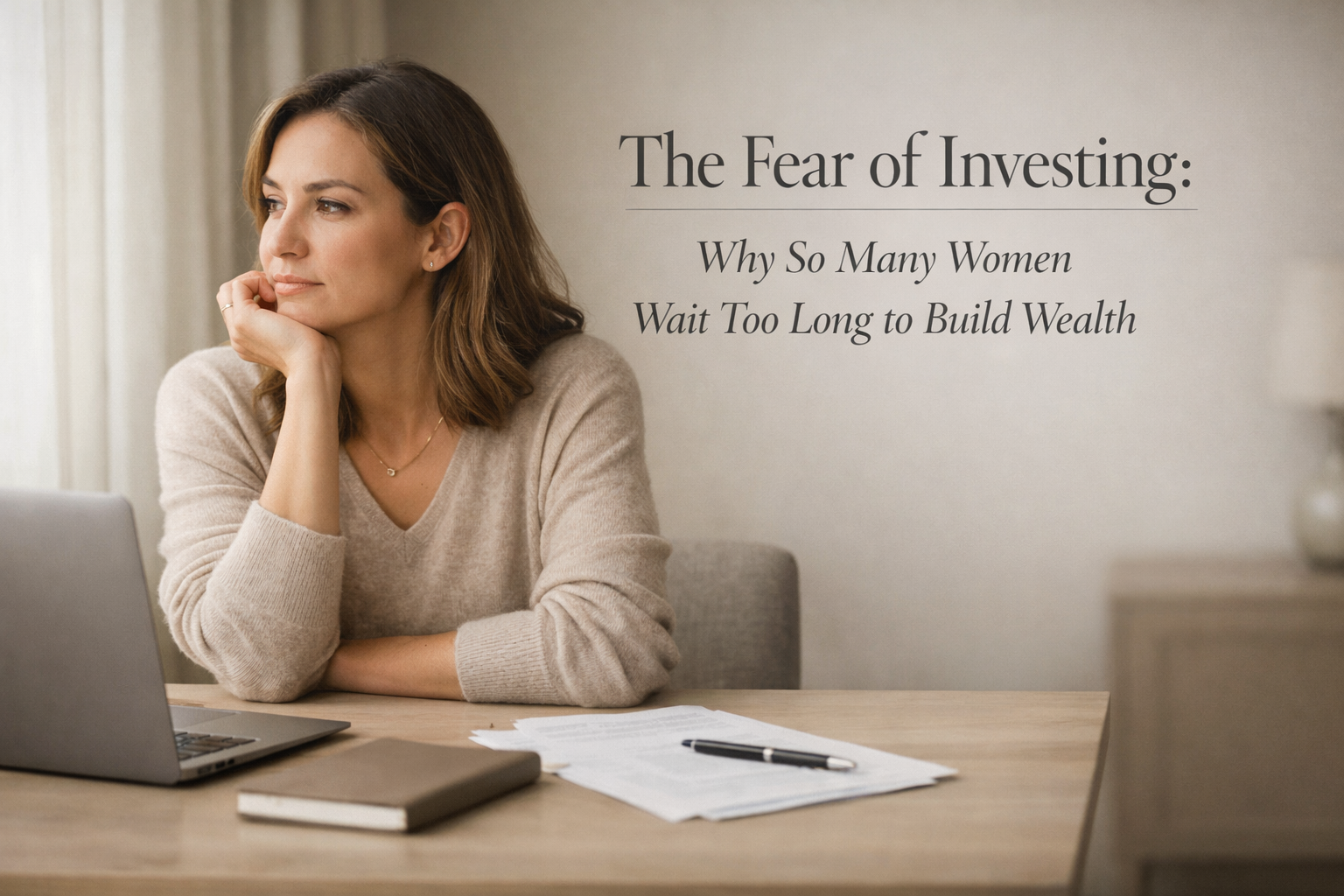 Thoughtful woman reviewing subtle financial papers in a quiet home setting, reflecting on investing and delayed long-term wealth.
