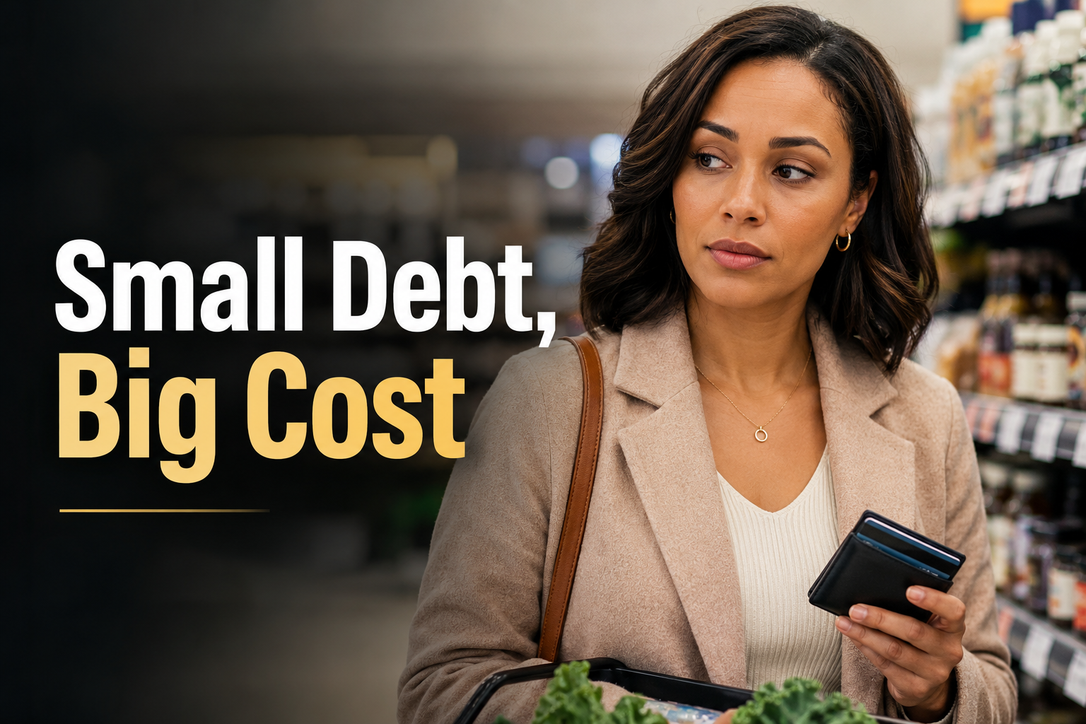 Mixed-race American woman in a grocery aisle, looking quietly concerned about small credit card debt and everyday financial pressure.