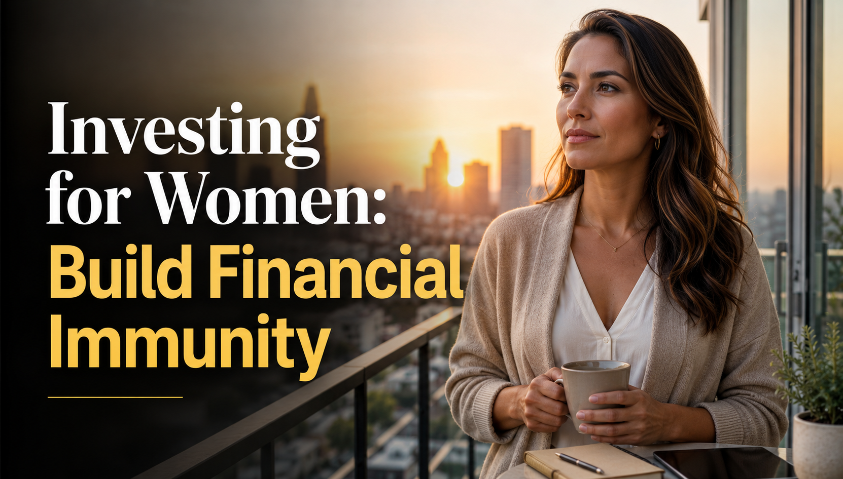 American woman on a city balcony at sunrise, looking calm and determined, reflecting investing resilience and financial immunity.