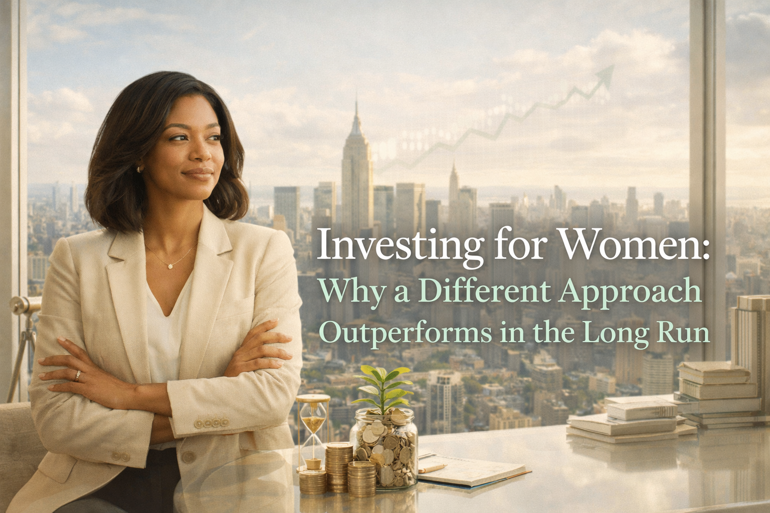 Confident woman before a city skyline with rising chart, coins, and a growing plant, symbolizing long-term investing and wealth-building for women