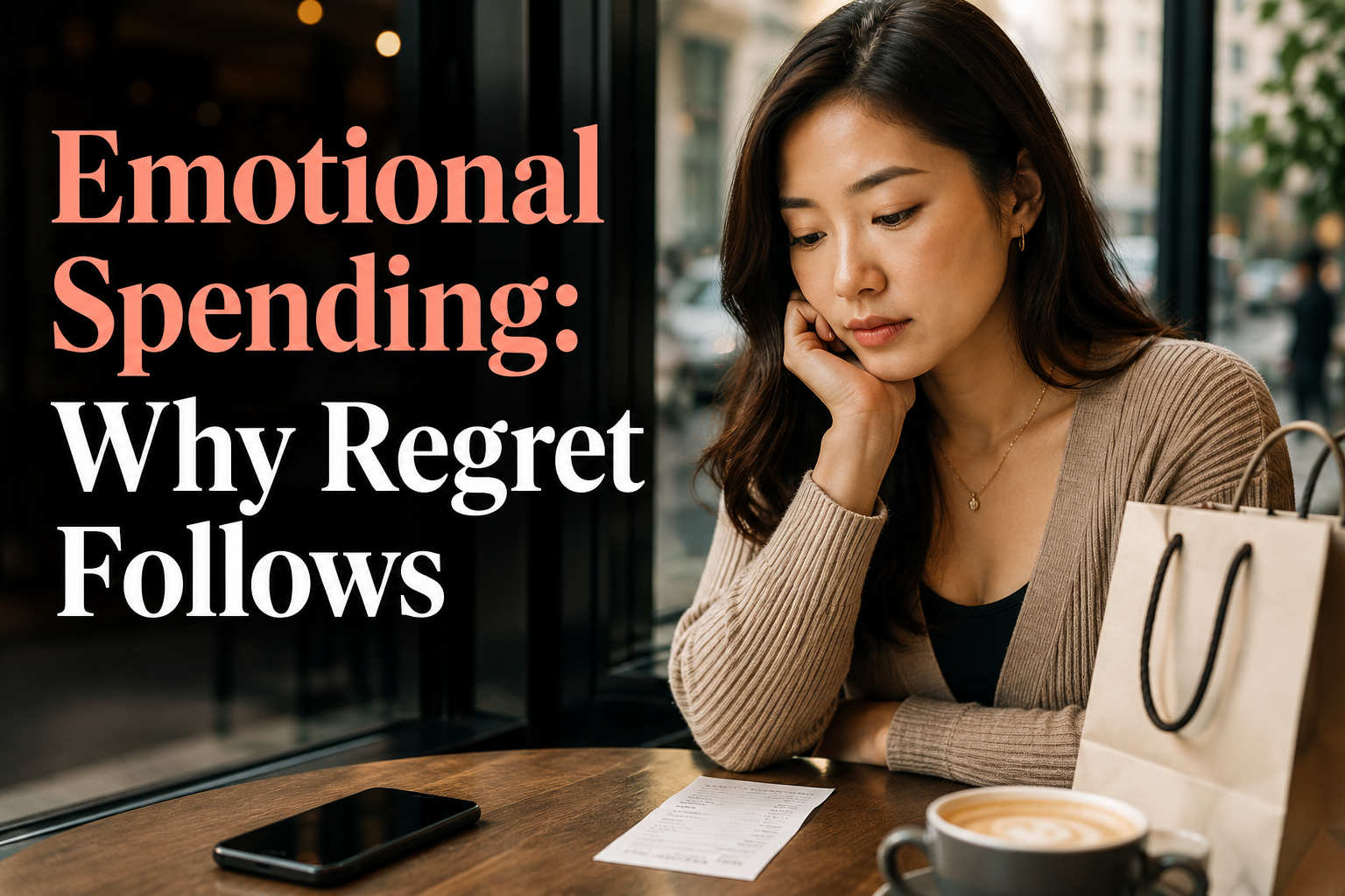 Asian woman in a café, looking thoughtful beside a receipt, reflecting emotional spending and later regret.