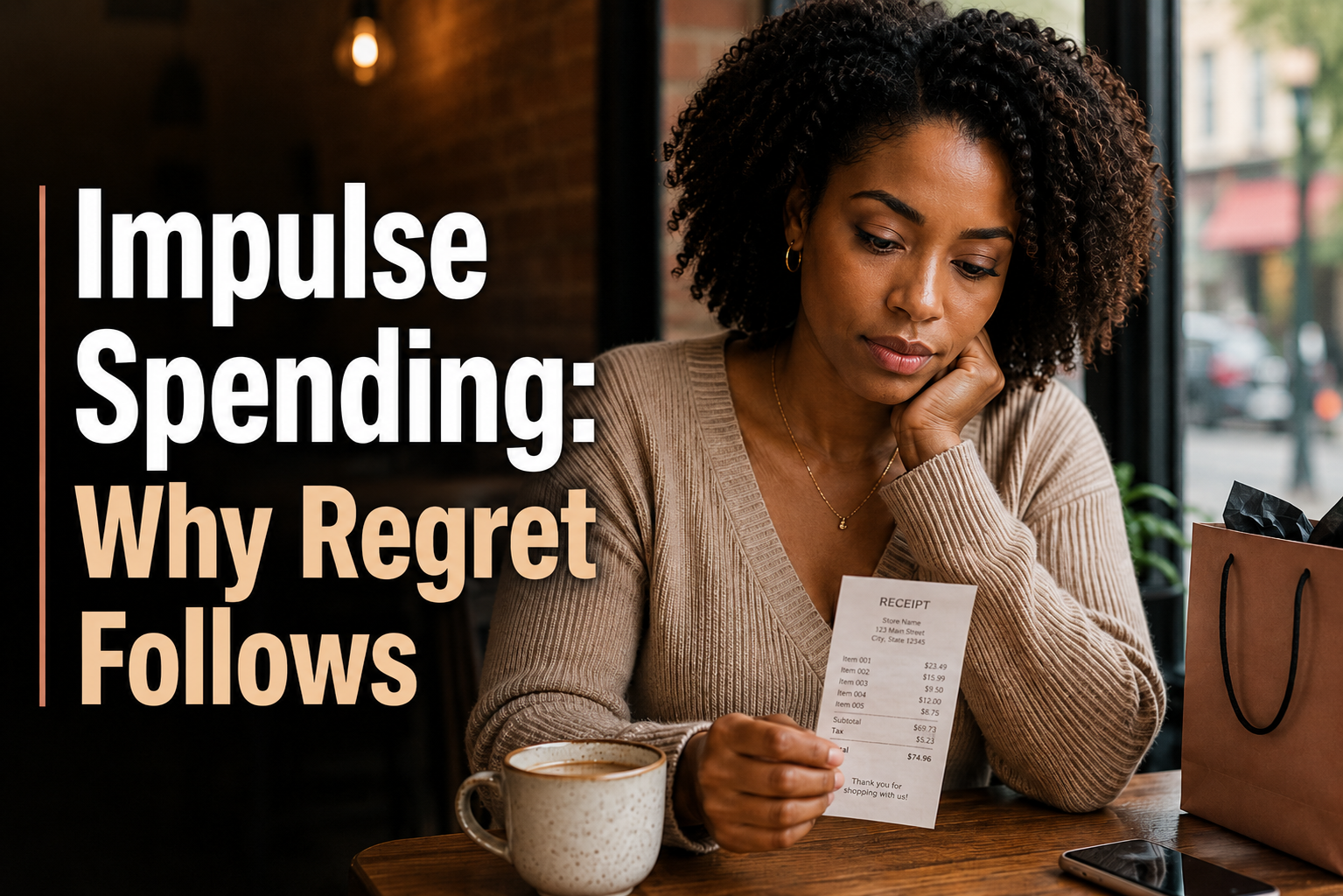 Black woman in a café looking thoughtfully at a receipt, reflecting on impulse spending, emotional buying, and regret.