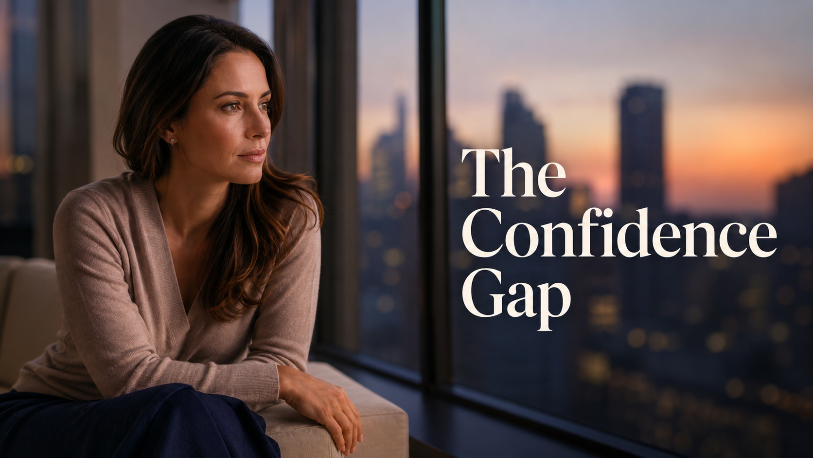 Elegant American woman reflecting on the financial confidence gap, self-doubt, money decisions, and financial freedom.