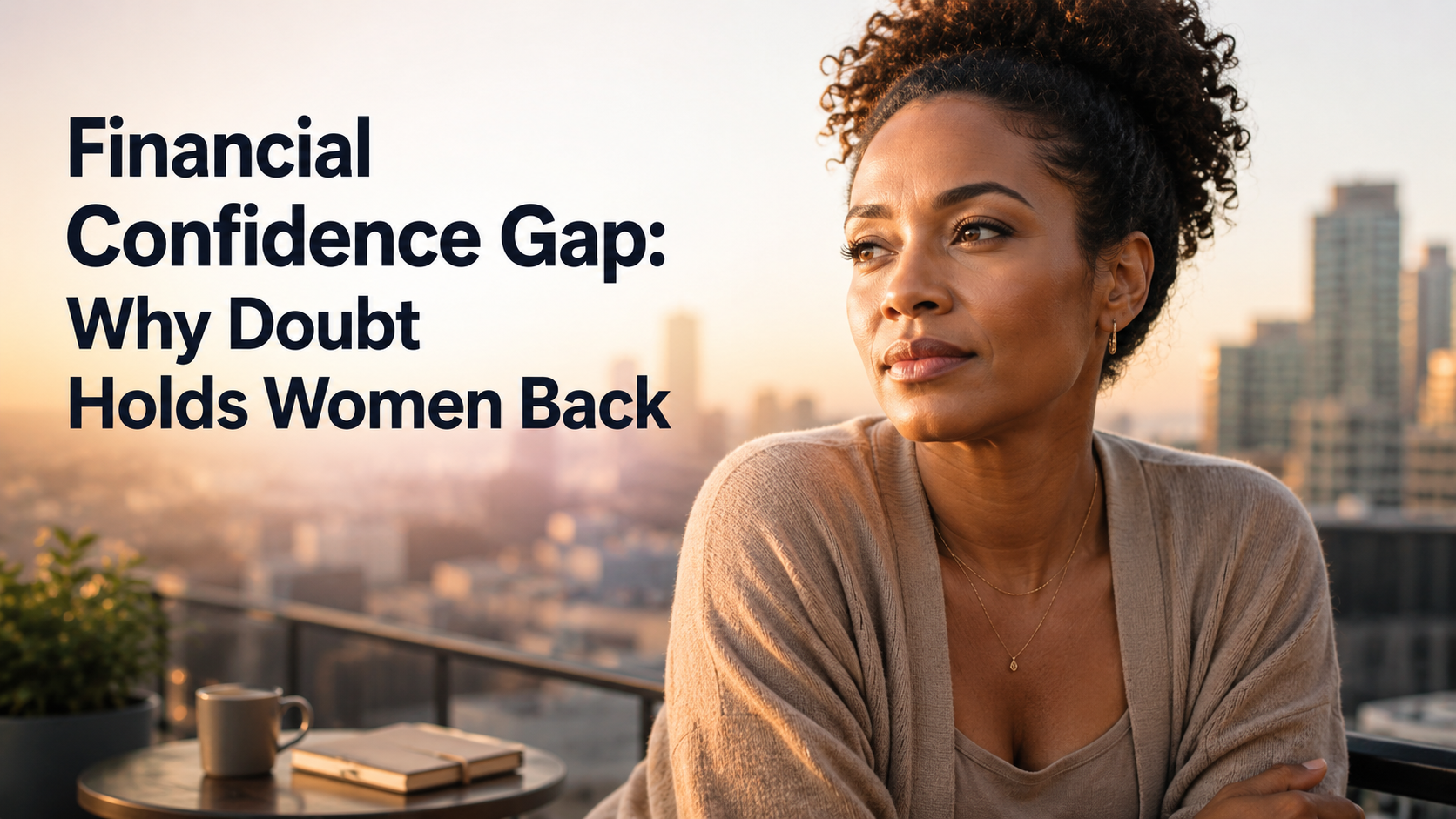 Beautiful Black woman on a city balcony at sunrise, reflecting on self-doubt and the financial confidence gap.