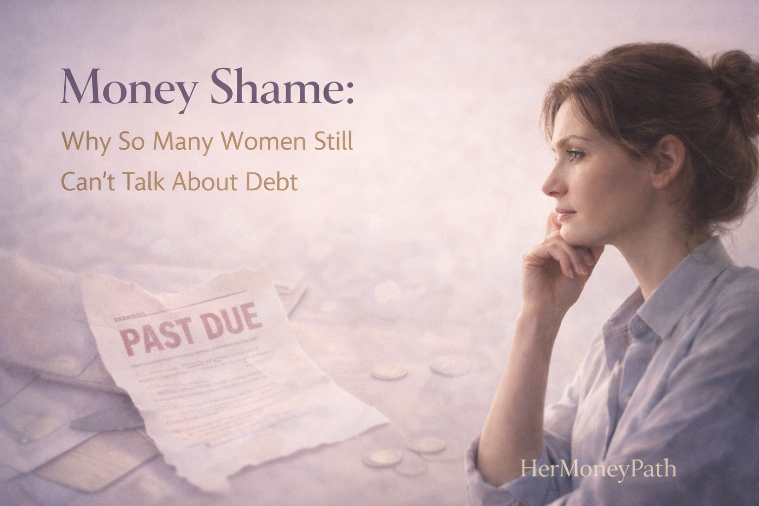 Woman in quiet reflection beside overdue bills and coins, symbolizing money shame, debt stress, and silence around financial struggles