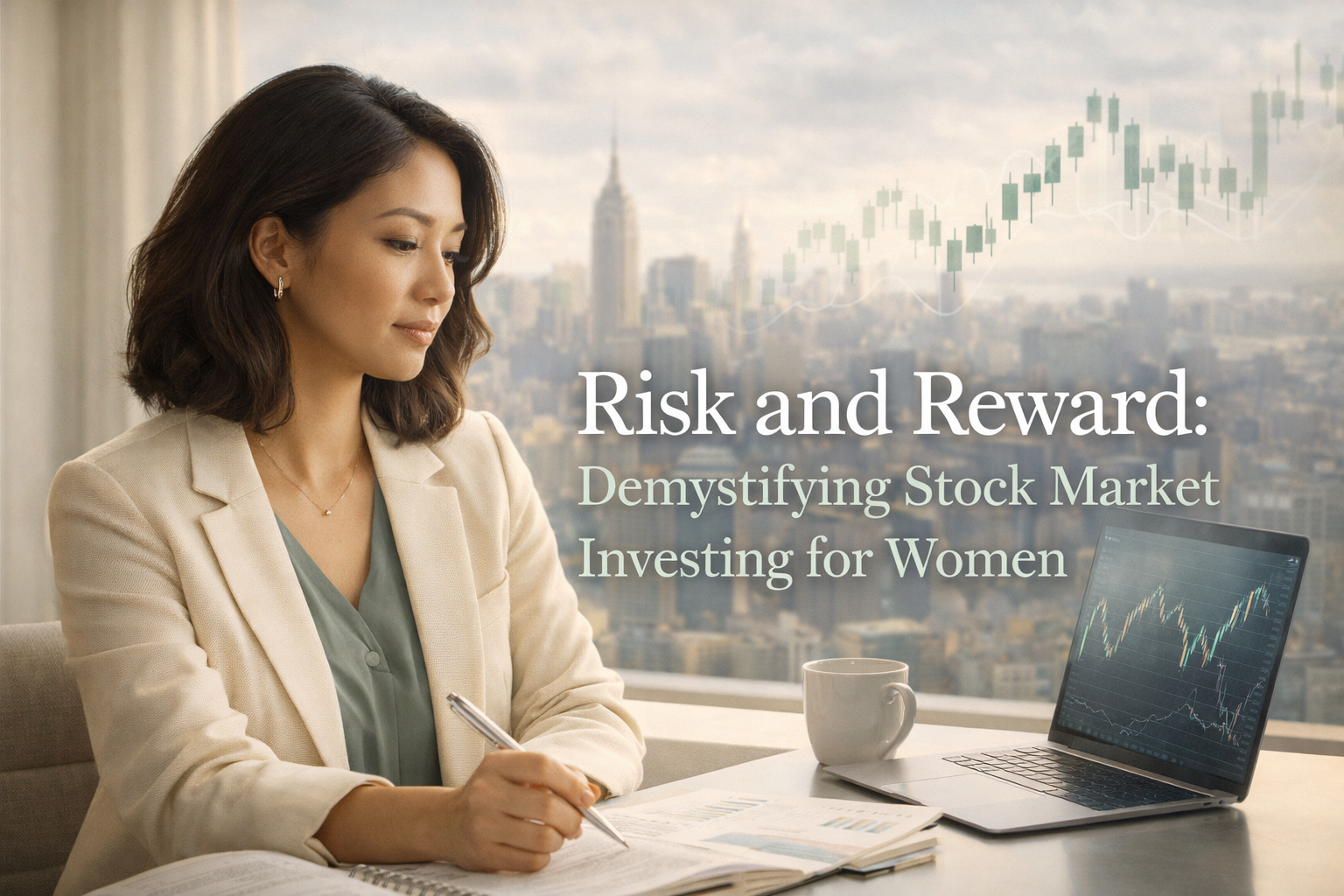 Asian American woman reviewing stock market charts and notes by a laptop, symbolizing risk, reward, and growing confidence in investing