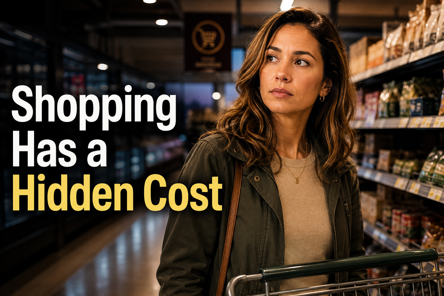 American woman in a quiet grocery aisle looking thoughtful about shopping habits, consumer debt, and everyday financial pressure.