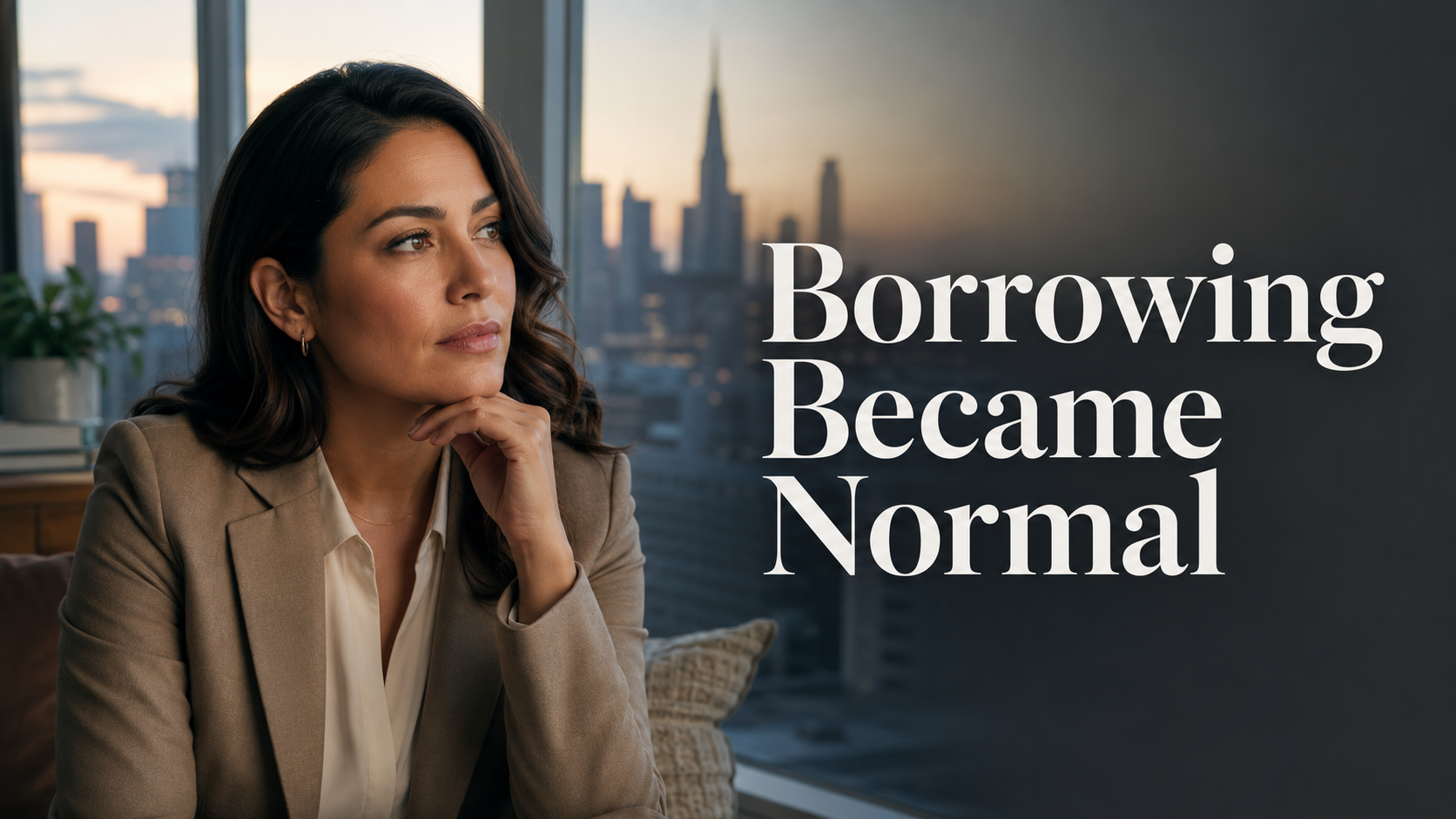 Elegant American woman reflecting on consumer debt in America, borrowing culture, monthly payments, and financial security.