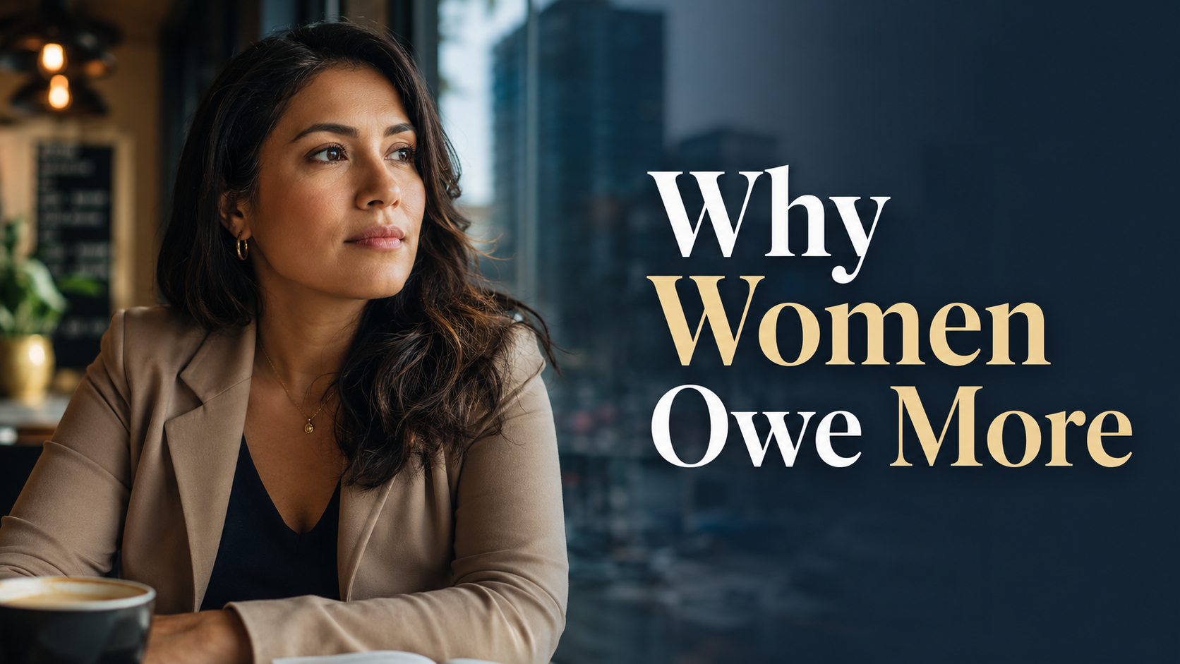 Elegant American woman reflecting on student loan debt, education costs, and the long-term financial burden facing women.