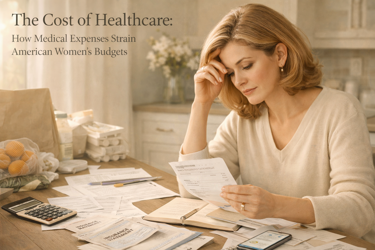 Woman reviewing medical bills, insurance statements, and household expenses at a kitchen table, showing how healthcare costs strain everyday budgets
