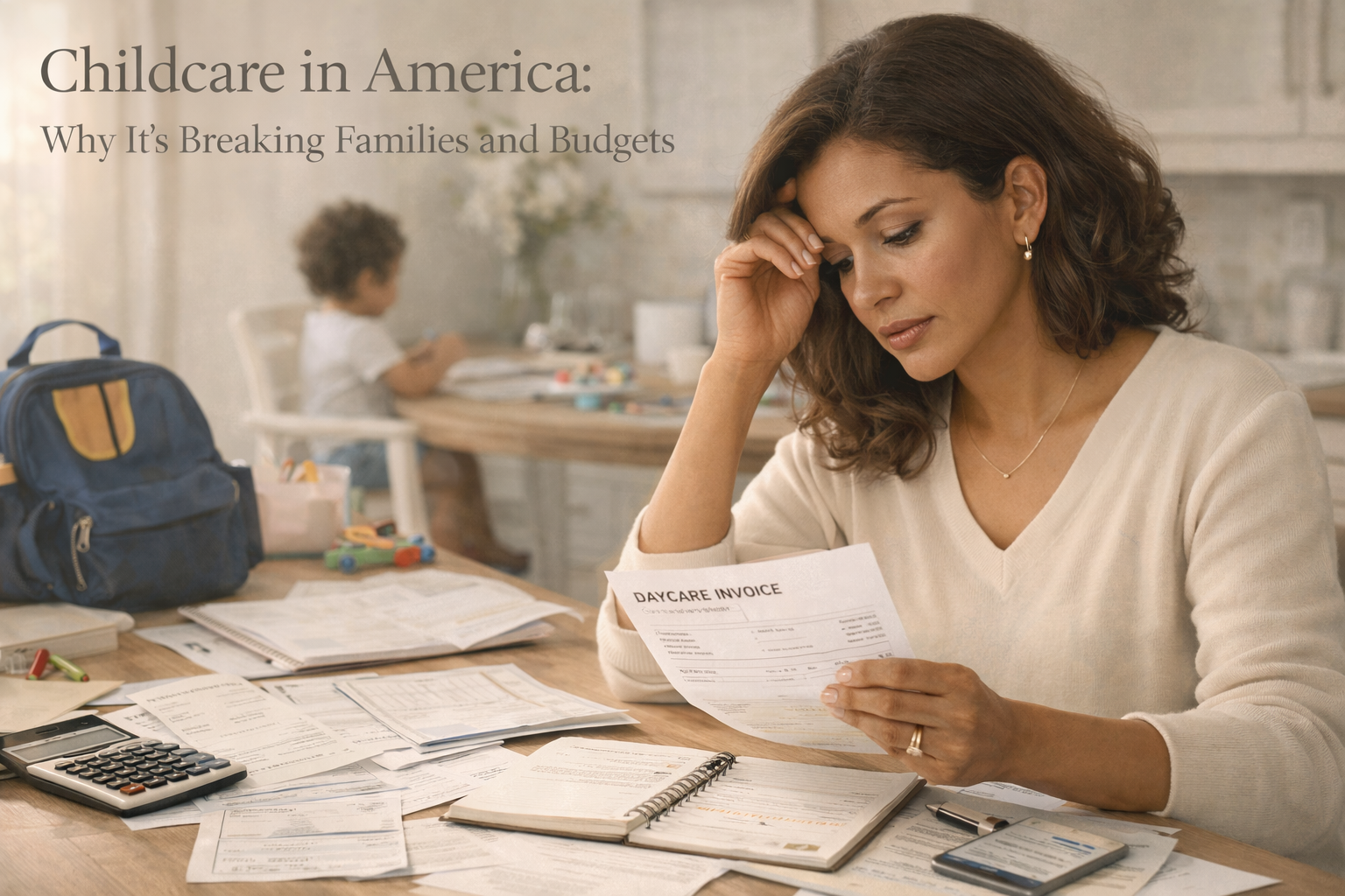 Woman reviewing a daycare invoice at a kitchen table with bills and calculator, showing how childcare costs strain family budgets at home