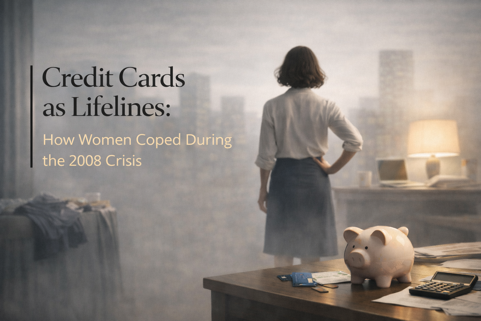 Woman at a table holding a credit card, symbolizing how women relied on credit as a financial lifeline during the 2008 crisis