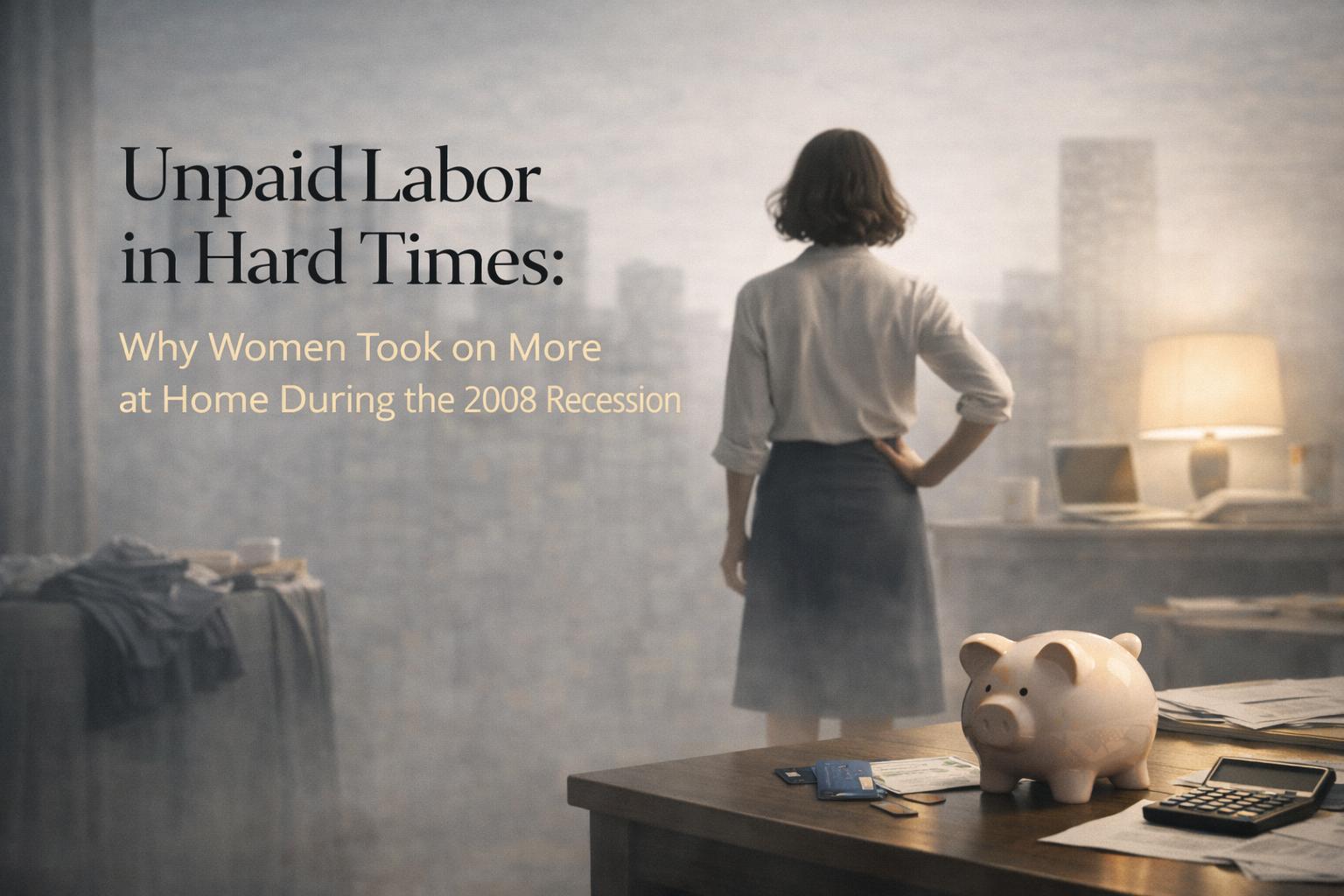 Woman at home beside a piggy bank and household table, symbolizing unpaid labor, financial pressure, and invisible work during hard times