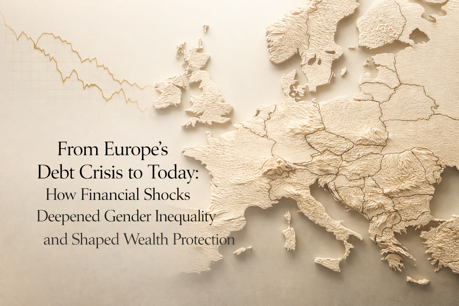Embossed map of Europe in light, elegant tones with a sculpted texture and minimalist background; on the left, an editorial title about the European debt crisis