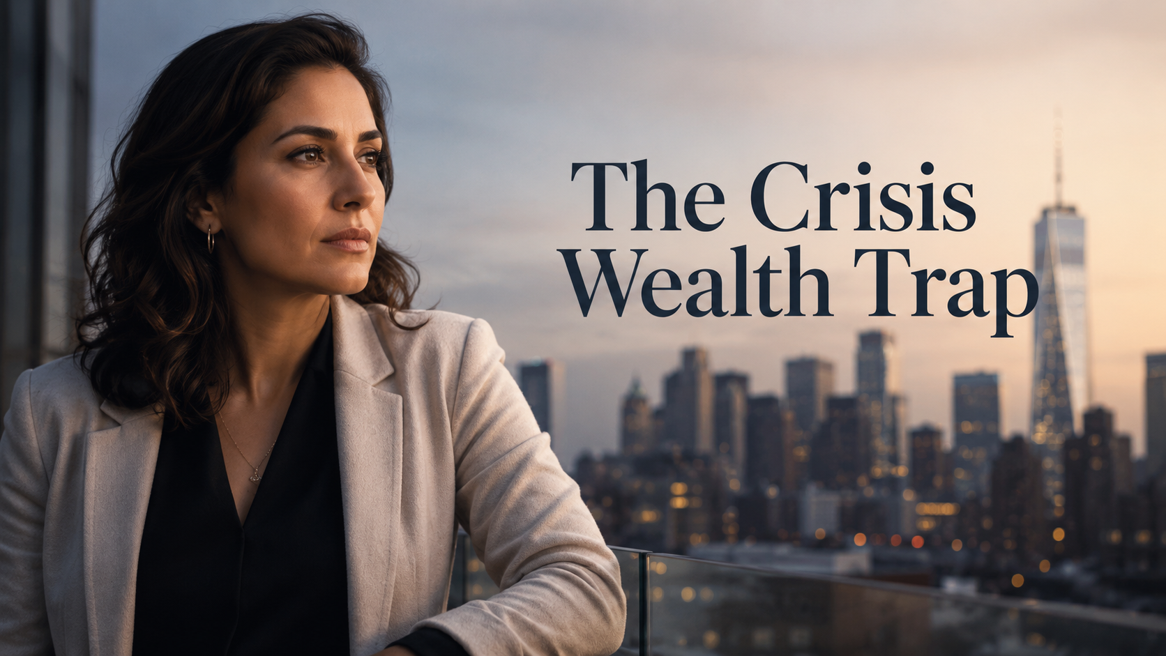 Elegant American woman overlooking a financial district skyline at dusk, reflecting on debt inequality, global financial crises, and women’s wealth.