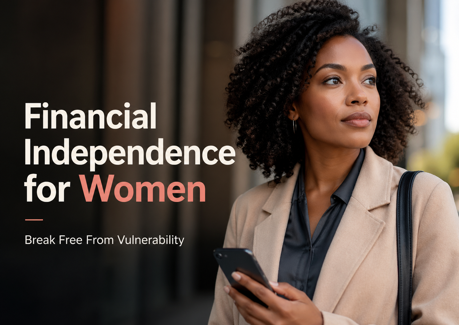 Afro-American woman holding a smartphone, representing financial independence for women and freedom from financial vulnerability.