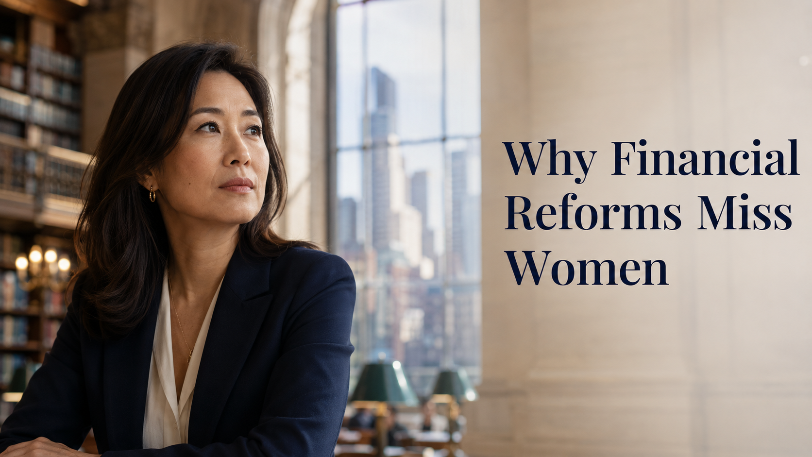 Elegant American woman in a refined public library, reflecting on policy reforms, financial resilience, economic crises, and women’s long-term wealth.
