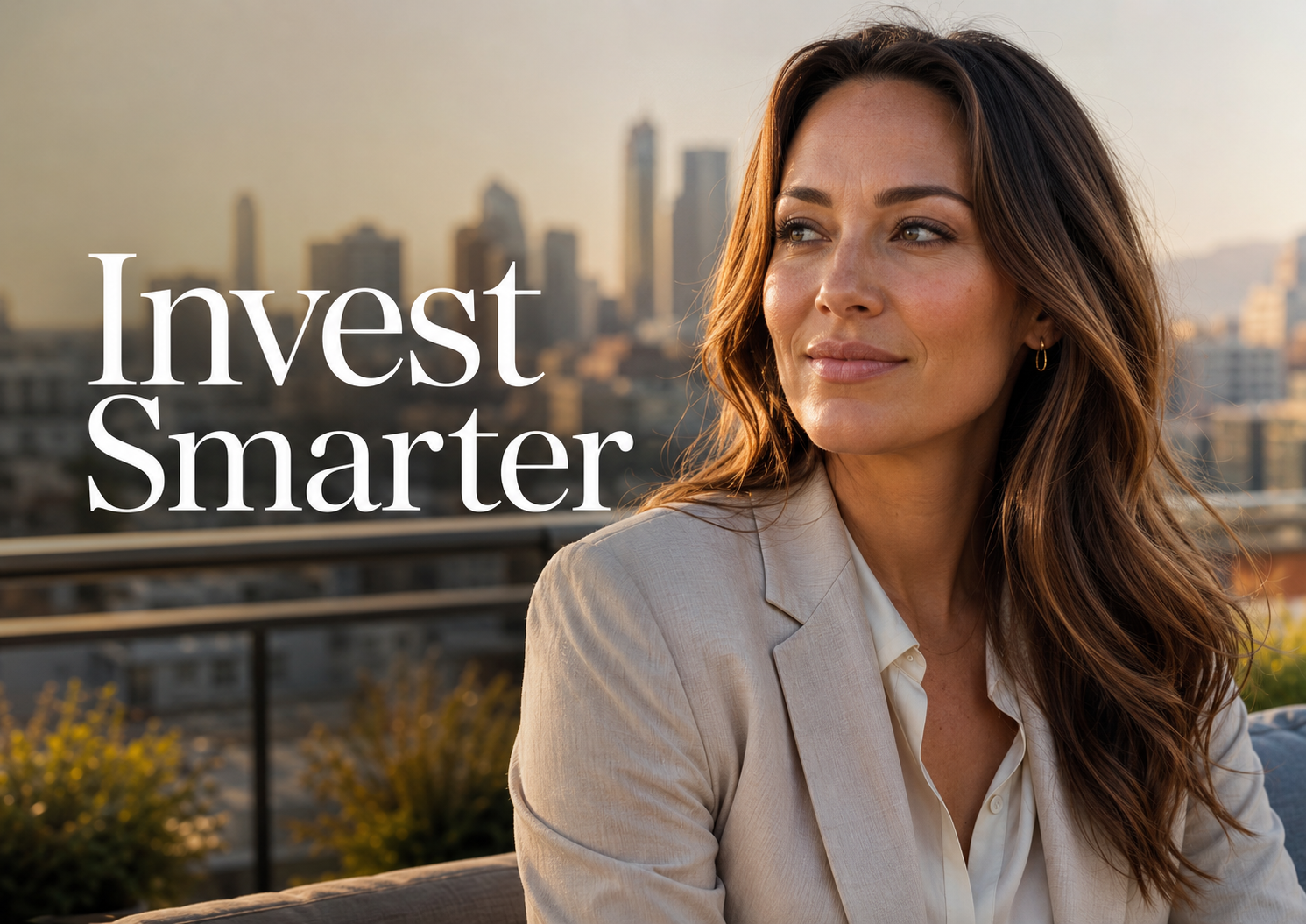 Elegant American woman on a rooftop terrace overlooking a city skyline, reflecting on smart investing and financial freedom.