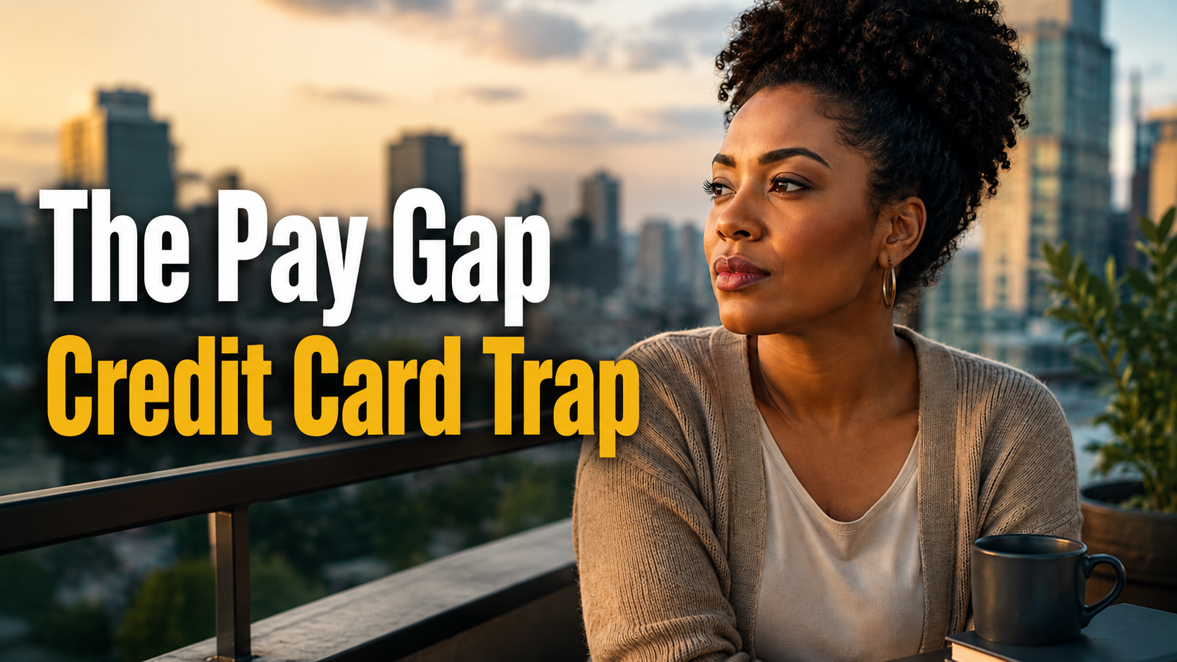American woman on a city balcony, looking thoughtful, reflecting how the pay gap can deepen credit card debt.