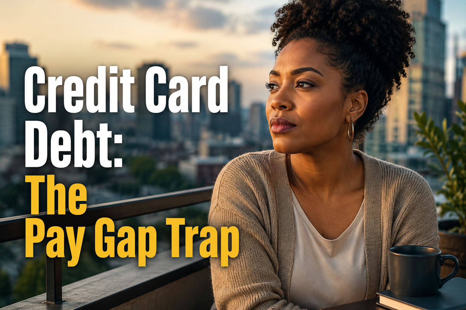 American woman on a city balcony, looking thoughtful, reflecting how the pay gap can deepen credit card debt.